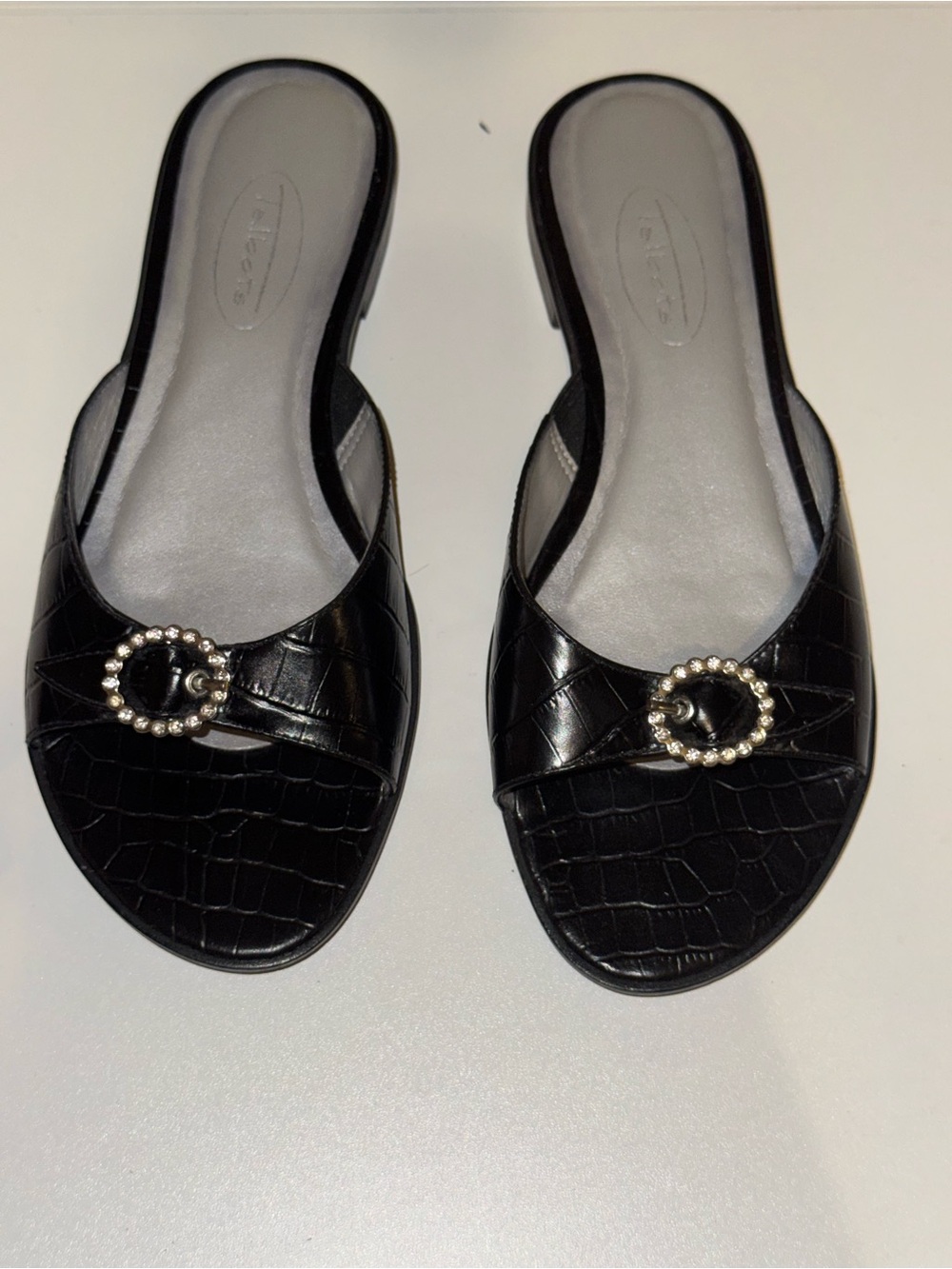 Talbots Black Croc-Embossed Slip-On Mules with Crystal Ring